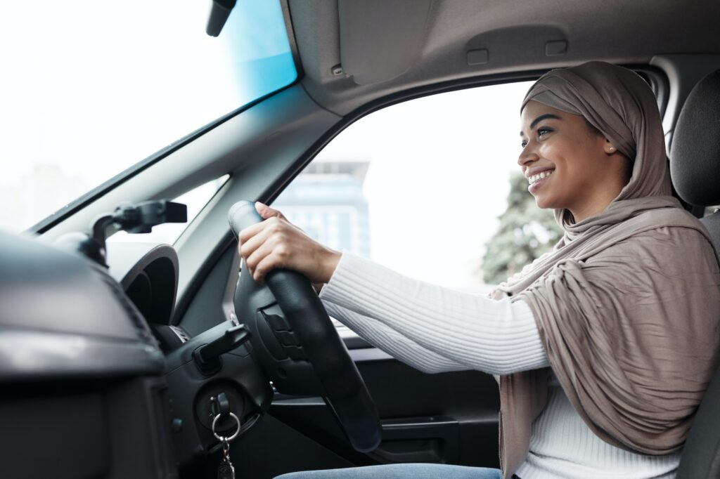 Driver goes to office in city, lesson and test drive